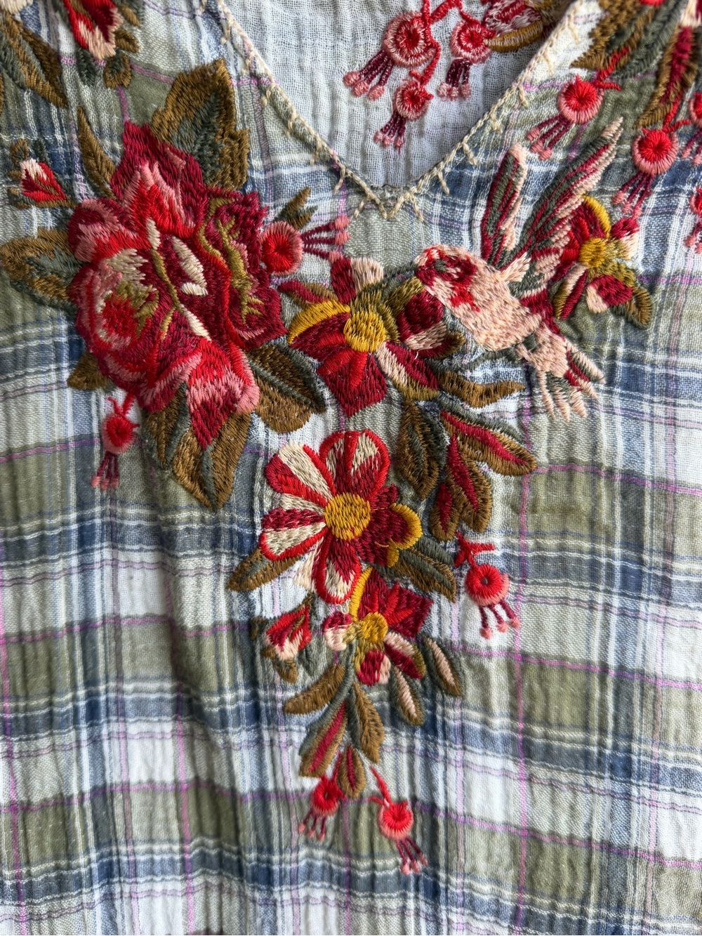 Johnny Was Workshop Embroidered Plaid Gauze Boho Bird Top Medium Floral - Picture 7 of 12